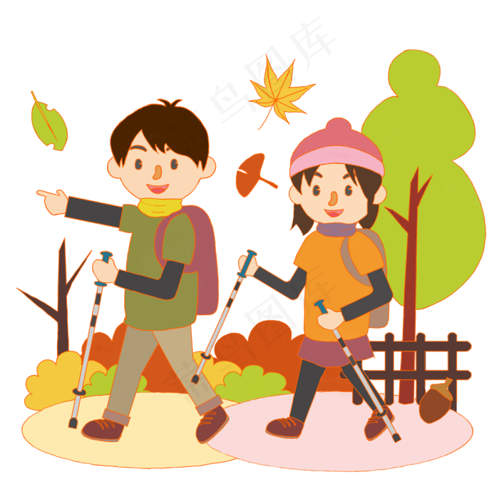 秋日登高徒步男女卡通图