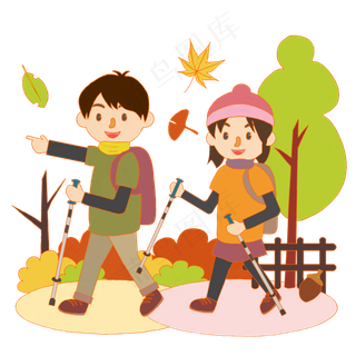 秋日登高徒步男女卡通图