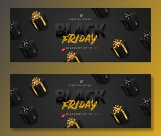黑色星期五大减价。现实黑色礼品盒上的金色文字。