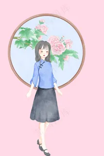 青年节手绘复古民国女学生牡丹花
