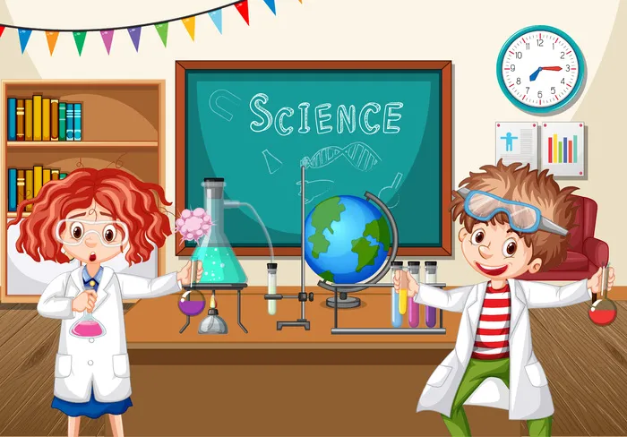 两位年轻科学家在课堂上做化学实验eps,ai矢量模版下载