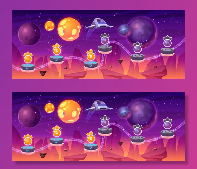 太空游戏级地图与宇宙飞船和外星行星，卡通二维图形用户界面景观，电脑或移动游戏机与平台和奖金项目。宇宙，宇宙未来主义背景插图eps,ai矢量模版下载