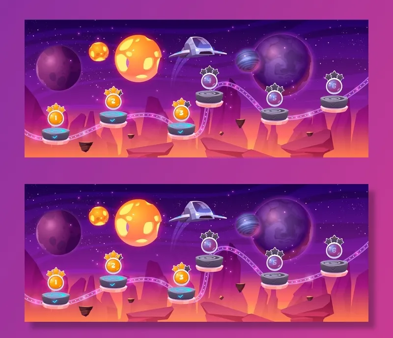 太空游戏级地图与宇宙飞船和外星行星，卡通二维图形用户界面景观，电脑或移动游戏机与平台和奖金项目。宇宙，宇宙未来主义背景插图
