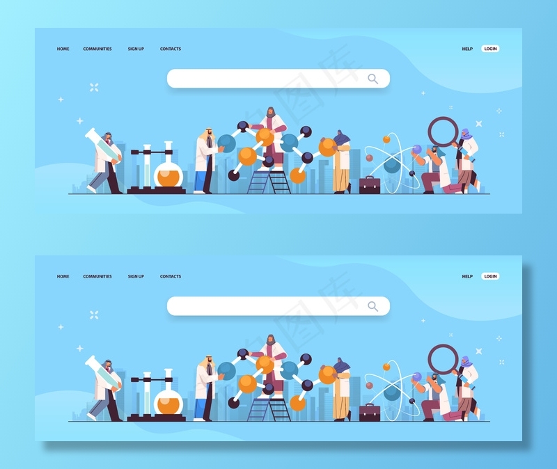 阿拉伯科学家与分子结构阿拉伯研究人员在实验室分子工程概念水平全长复制空间中进行化学实验 向量例证