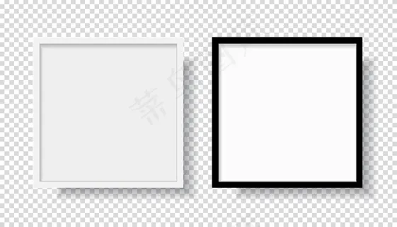 照片真实的黑白相框，从正面挂在墙上。模型样机隔离在透明背景上。图形样式模板。矢量图解