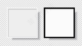 照片真实的黑白相框，从正面挂在墙上。模型样机隔离在透明背景上。图形样式模板。矢量图解