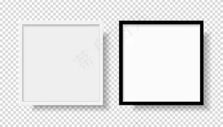 照片真实的黑白相框，从正面挂在墙上。模型样机隔离在透明背景上。图形样式模板。矢量图解