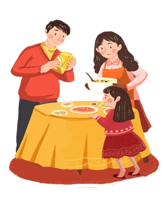 创意卡通全家一起吃团圆饭新年快