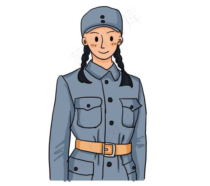 国庆节扎麻花辫的美女八路军卡通