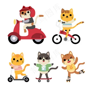 一组有趣的猫在活动:骑马,自行车,自行车,轮滑,滑板 一组有趣的猫在活动:骑马,自行车,自行车,轮滑,滑板