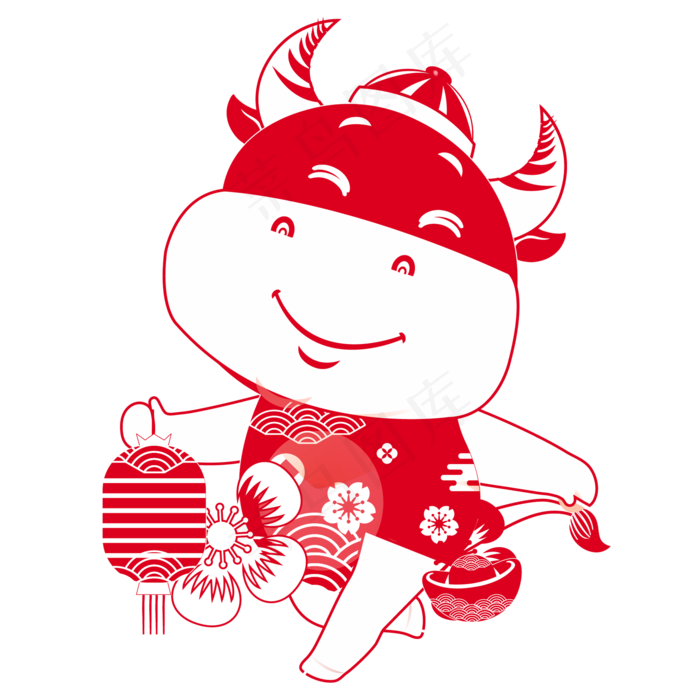 手提灯笼剪纸牛年画