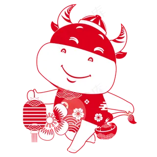 手提灯笼剪纸牛年画