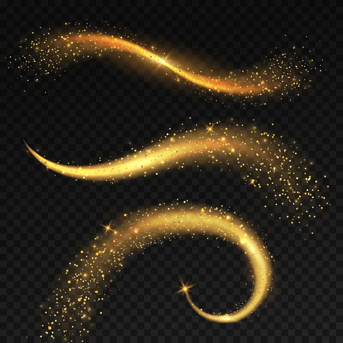 金色的光尾。魔法仙女星尘与黄色闪光，圣诞闪亮星光。闪闪发光的彗星和节日耀斑尾巴旋转闪闪发光的明亮集