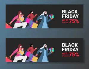 混血人戴着口罩拿着购物袋跑步黑色星期五大甩卖横幅banner冠状病毒检疫概念肖像水平矢量图