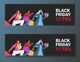 混血人戴着口罩拿着购物袋跑步黑色星期五大甩卖横幅banner冠状病毒检疫概念肖像水平矢量图