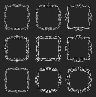 华丽的方形框架。书法元素。花押字复古标签。黑底白字，插图。