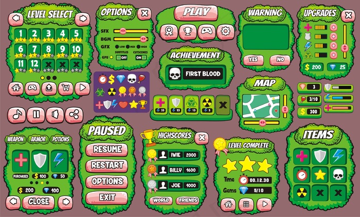 界面游戏设计。创建2d游戏所需的所有屏幕