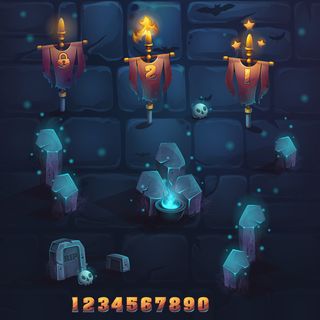 在石头和砖墙上设置不同的元素。矢量插图。