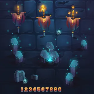 在石头和砖墙上设置不同的元素。矢量插图。