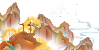 古风山峰和亭子