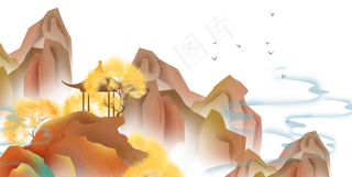 古风山峰和亭子