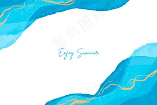 蓝色水彩夏天背景与金色手绘线条