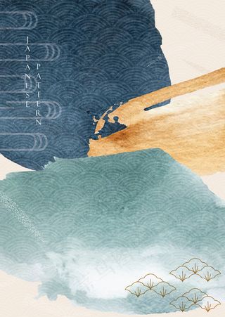 抽象艺术背景与水彩纹理。亚洲风格模板插图与笔刷元素和日本波模式。