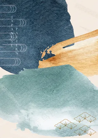 抽象艺术背景与水彩纹理。亚洲风格模板插图与笔刷元素和日本波模式。