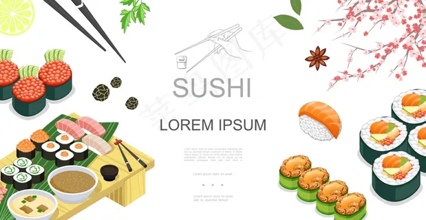 等距日本食品彩色模板,带寿司、生鱼片、调料、酸橙片、筷子、樱花枝插图 等距日本食品彩色模板,带寿司、生鱼片、调料、酸橙片、筷子、樱花枝插图