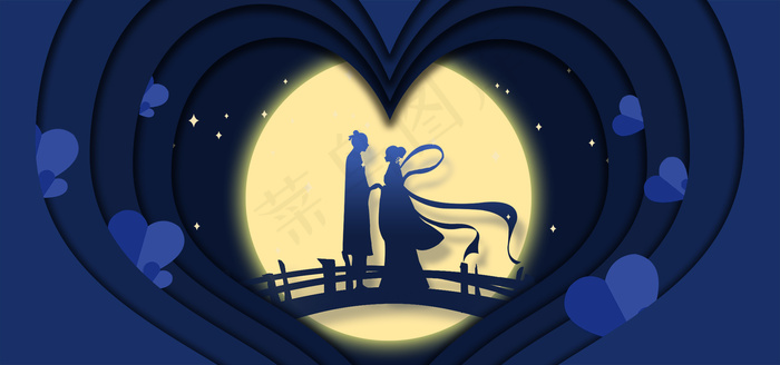 剪纸风浪漫七夕心形相会背景