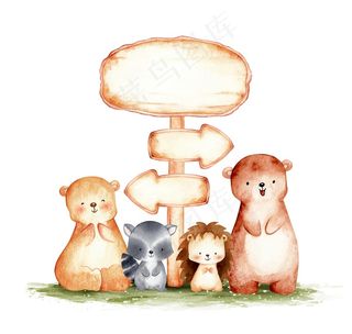 可爱的林地动物，带木质标志模板水彩插图