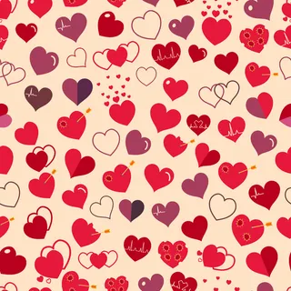 各种简单的红色和栗色心在米色背景上的无缝图案。平面设计