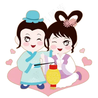 七夕情人节手绘牛郎织女游玩