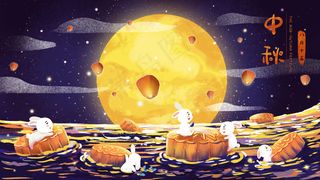 中秋主题之月饼月亮兔子可爱治愈系