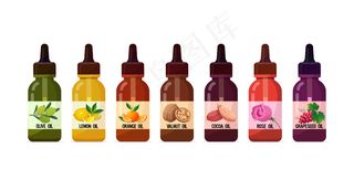 为食品饮料和spa产品护肤概念水平放置带滴管化妆品液体成分的现实油玻璃瓶