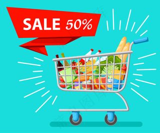 自助超市全套购物手推车，配有新鲜的食品杂货和红色把手的真实插图销售网站页面和手机app移动应用程序。