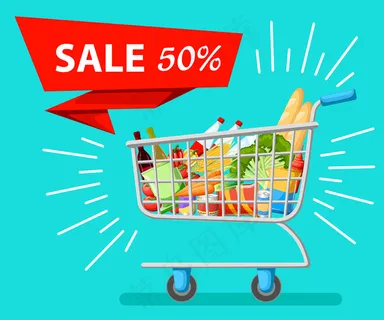 自助超市全套购物手推车,配有新鲜的食品杂货和红色把手的真实插图销售网站页面和手机app移动应用程序。 自助超市全套购物手推车,配有新鲜的食品杂货和红色把手的真实插图销售网站页面和手机app移动应用程序。