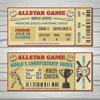 带有球员运动装备和奖杯条形码的棒球比赛门票