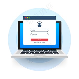 登录帐户、用户授权、登录验证页面的概念。笔记本电脑的登录和密码窗体页上的屏幕。股票插图。