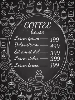 咖啡馆的黑板菜单，*有椭圆形边框，价目表周围有各种各样的咖啡白色矢量插图，黑色