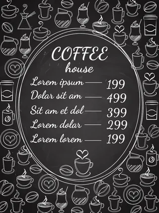 咖啡馆的黑板菜单，*有椭圆形边框，价目表周围有各种各样的咖啡白色矢量插图，黑色