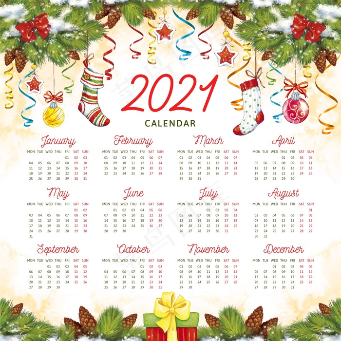 水彩2021年历新年eps,ai矢量模版下载