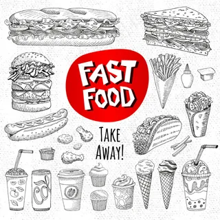 一套彩色粉笔画在黑板上食物、香料。