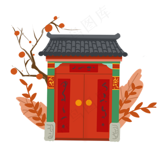 中国红春节四合院民宅大门对联传