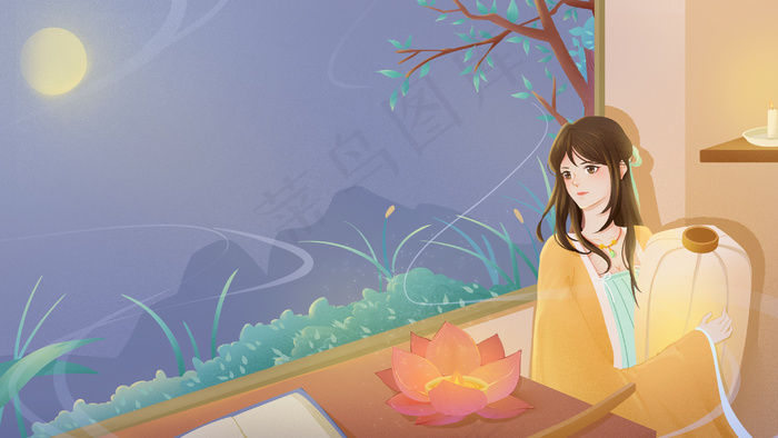 中秋中元节紫绿色夏季古风汉服少女插画中秋