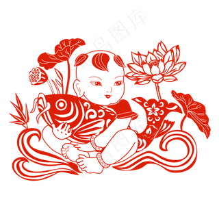 年画鲤鱼剪纸矢量图