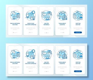 选择初级保健医生提示蓝色入职手机app移动应用程序app页面屏幕与概念。医生演练5步图形说明。带有线性彩色插图的ui、ux、gui模板
