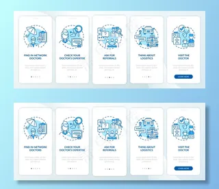 选择初级保健医生提示蓝色入职手机app移动应用程序app页面屏幕与概念。医生演练5步图形说明。带有线性彩色插图的ui、ux、gui模板