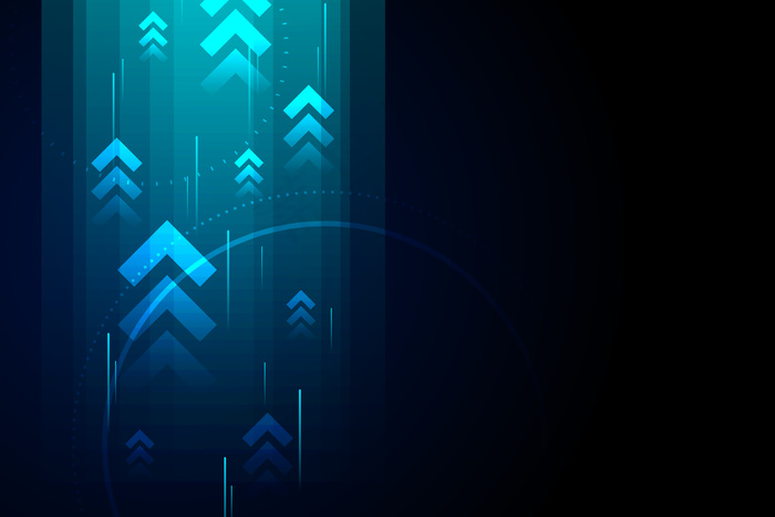 深蓝色背景上的亮箭头向上电路，带有复制空间复制插图，业务增长概念。