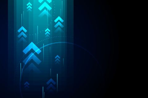 深蓝色背景上的亮箭头向上电路，带有复制空间复制插图，业务增长概念。